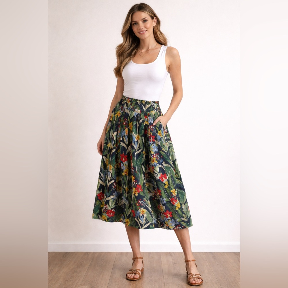 Philosophy Blue Floral Gathered Maxi Elastic Waist w/Pockets Women's Sz M